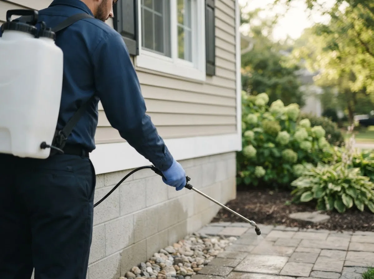Pest control technician inspecting a home in Roscoe, NY
